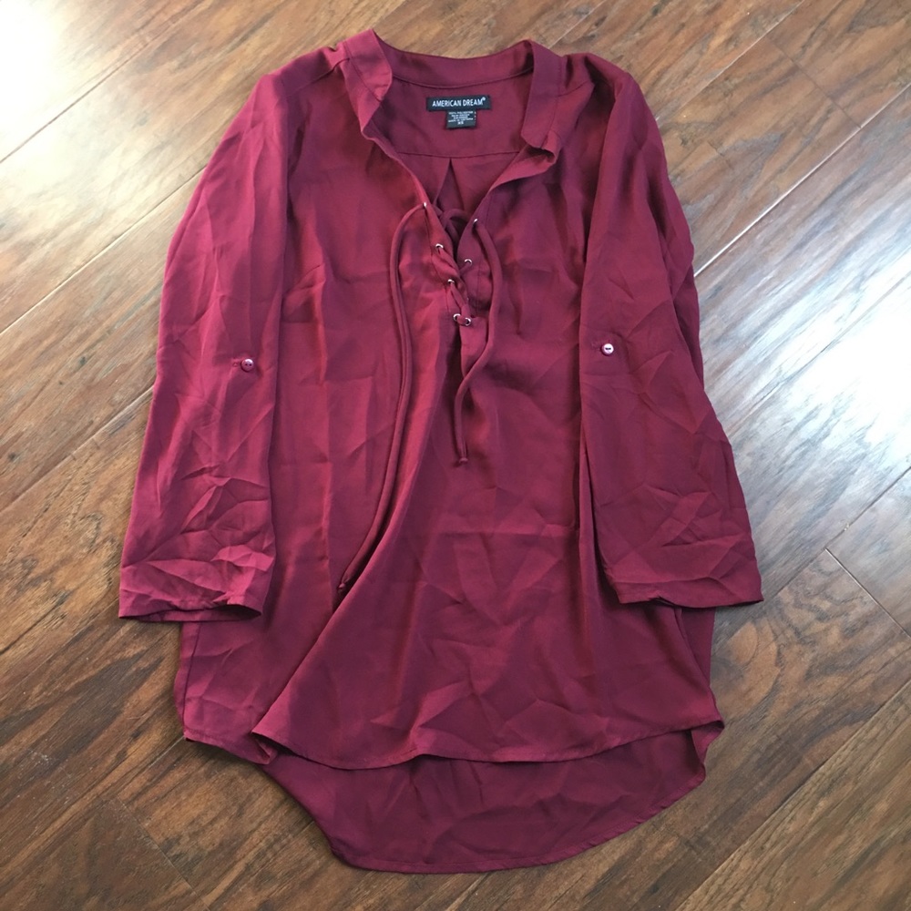 3/$15 dark red lace up dress shirt